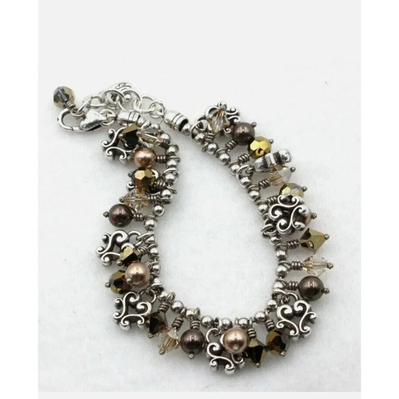 Brighton Bronze Faux Pearl Silver Bead Crystal Charm Bracelet - Picture 1 of 5